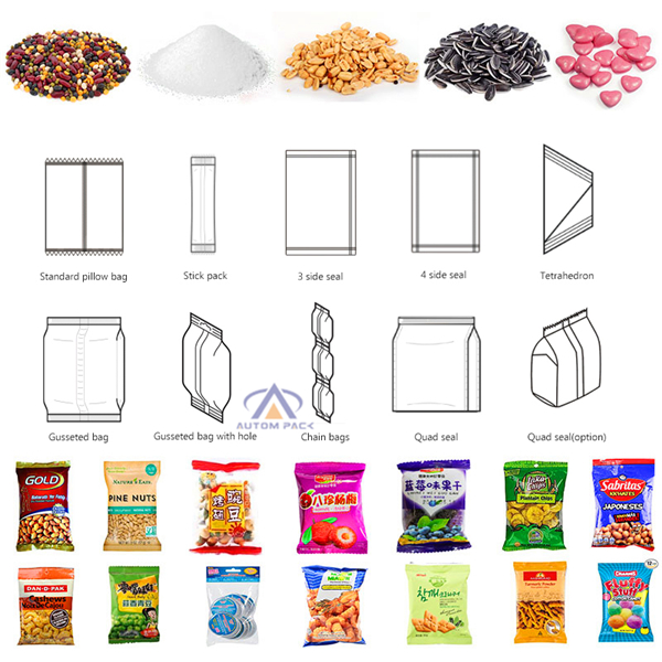 Food Grain Chips Rice Snack Nut <a href=https://www.autompack.com/packing-machine/Sachet-Automatic-Packing-Machine-Sugar-ATM-320C.html target='_blank'>Sugar</a> Automatic Packaging Machine With PLC + Touch Screen