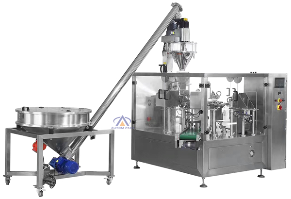 Automatic Filling Doypack Ground Coffee <a href=https://www.autompack.com/packing-machine/ATM-420D-powder-packing-machine.html target='_blank'>Powder</a> Packaging Machine